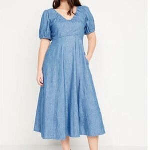 Old Navy women’s large 12 14 dress midi Blue denim Jean chambray pockets long